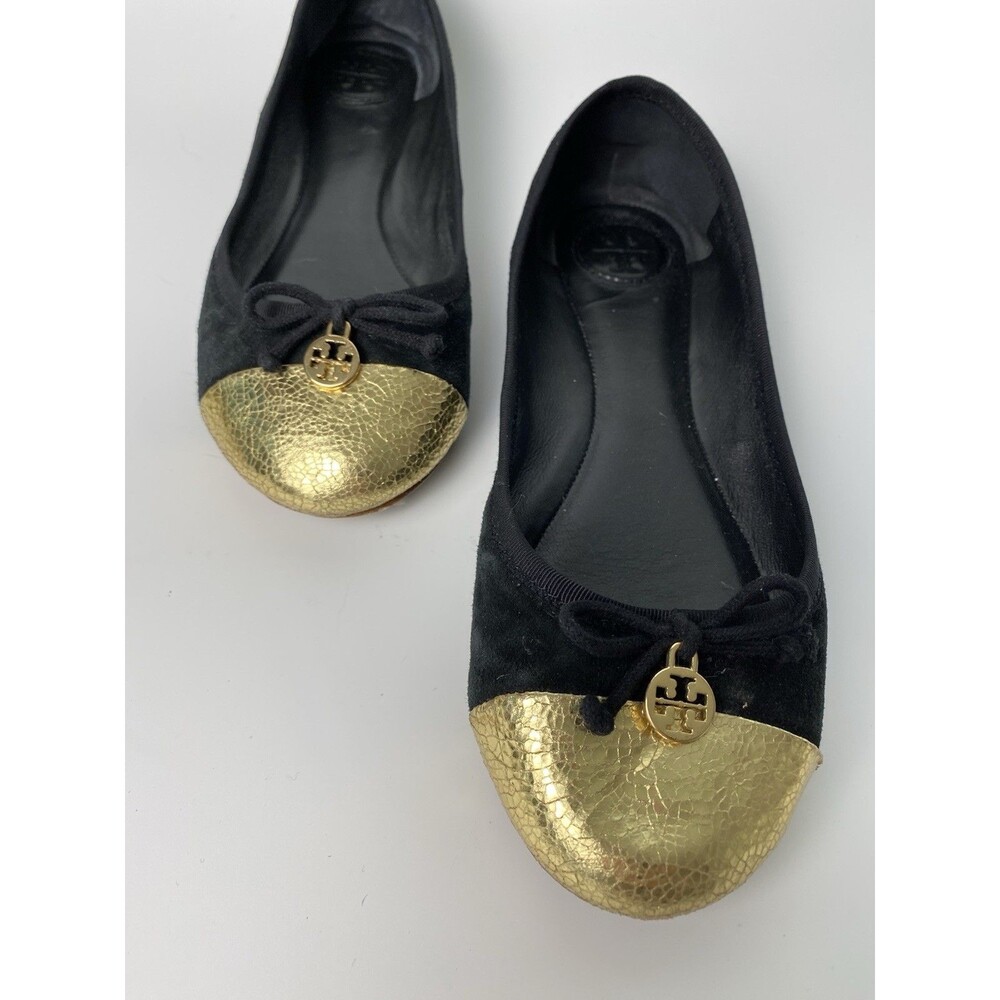 Tory Burch Katie Black Suede Ballet Flats 7 M Gold Tip, Medallion